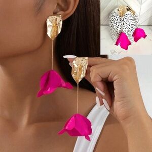 2/$30🌵 Hot Pink & Gold Flower Earrings Zara Statement Garden Floral Boho NEW
